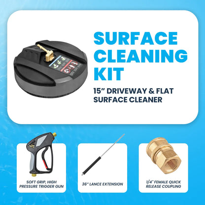 Surface cleaning kit including a black 15-inch driveway cleaner, soft grip trigger gun, 36 inches lance, and 1/4 inch female coupling.