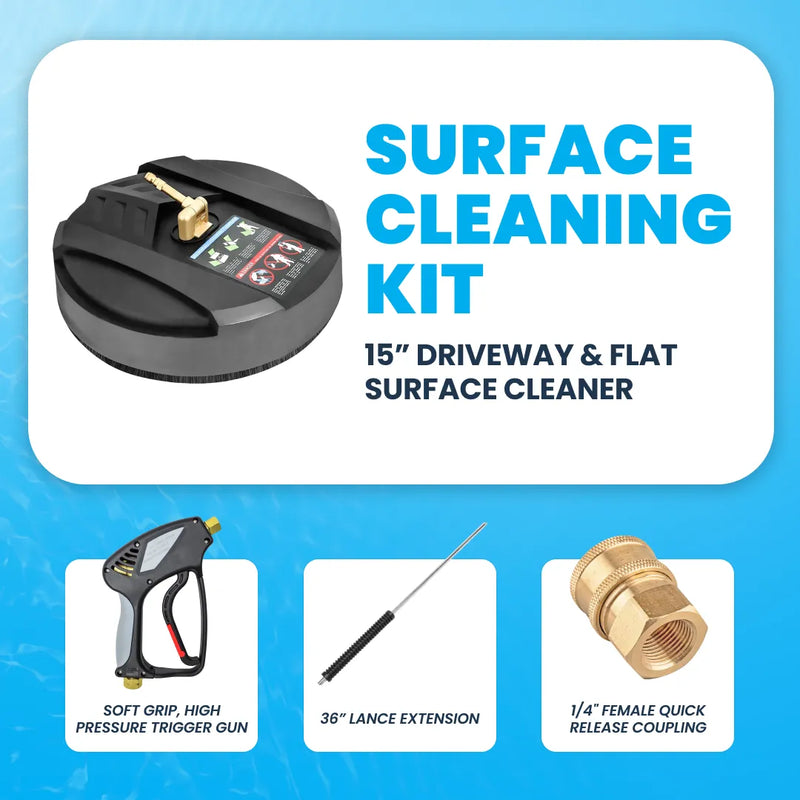 Surface cleaning kit including a black 15-inch driveway cleaner, soft grip trigger gun, 36 inches lance, and 1/4 inch female coupling.