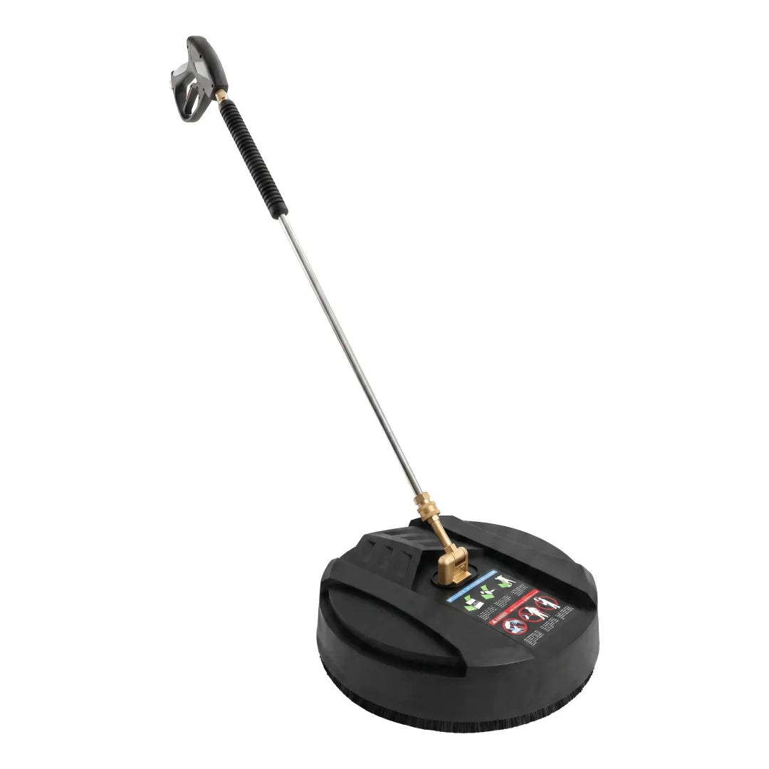 Driveway and flat surface cleaner with trigger gun and lance extension, black circular cleaning head, angled view