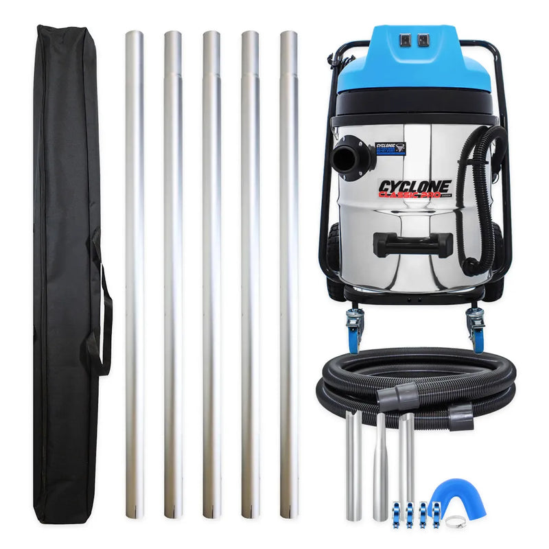 Cyclone Classic Pro 2400W 16 gallon residential gutter vacuum kit with five aluminum poles, carry bag, hose, nozzles, U-bend and clamps
