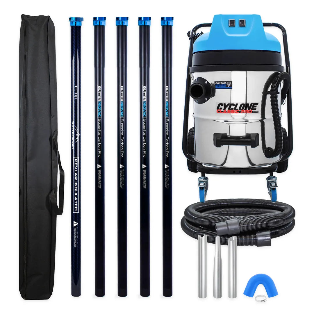 Cyclone Classic Pro 2400W 16 gallon residential gutter vacuum kit with five carbon poles, one Kevlar® insulated bottom pole, bag, hose, nozzles and U-bend