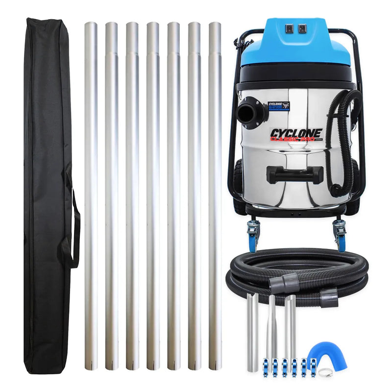 Cyclone Classic Pro 2400W 16 gallon residential gutter vacuum kit with seven aluminum poles, carry bag, hose, nozzles, U-bend and clamps