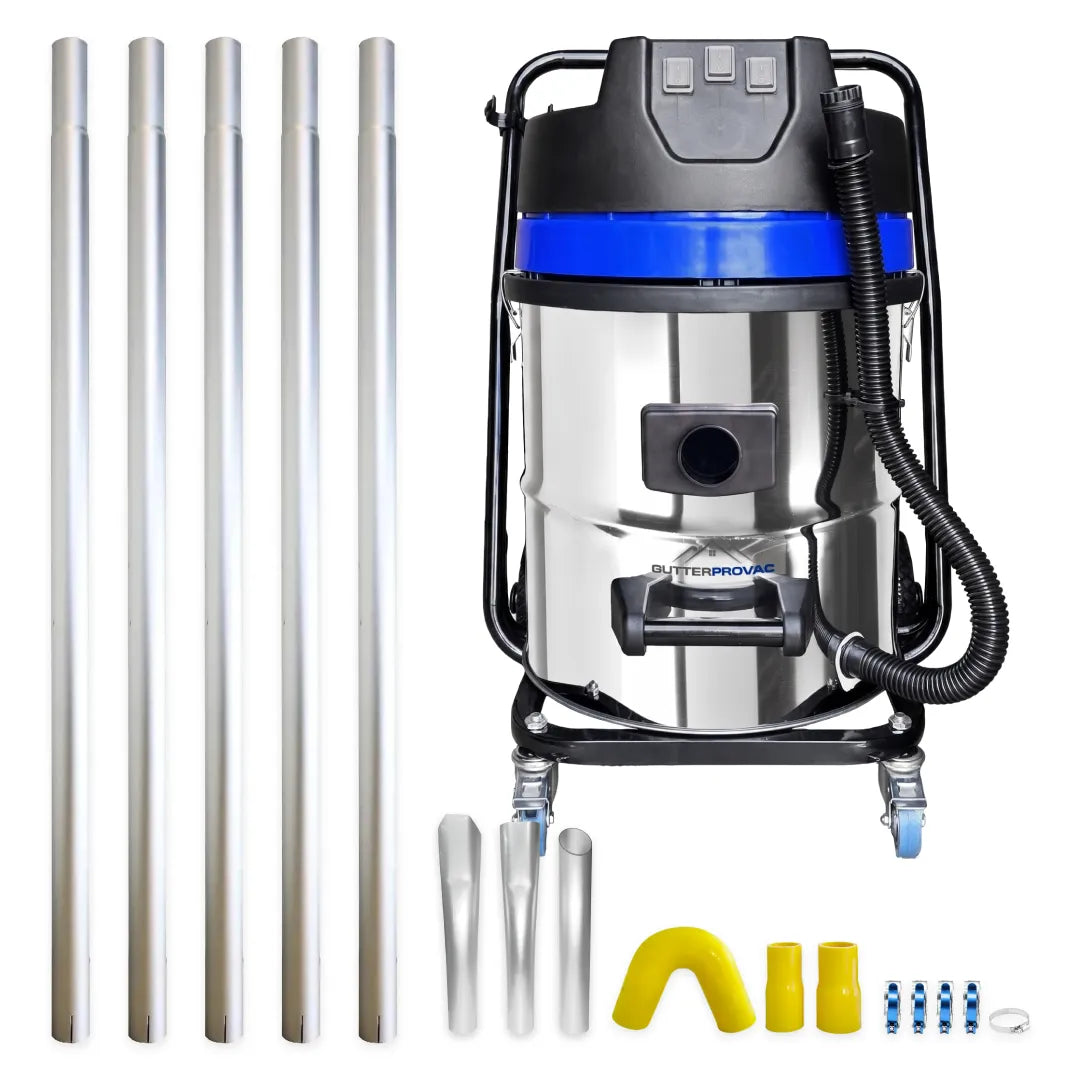 Gutter vacuum cleaning system bundle with five aluminum poles and yellow connectors and nozzle kit beside stainless steel vacuum