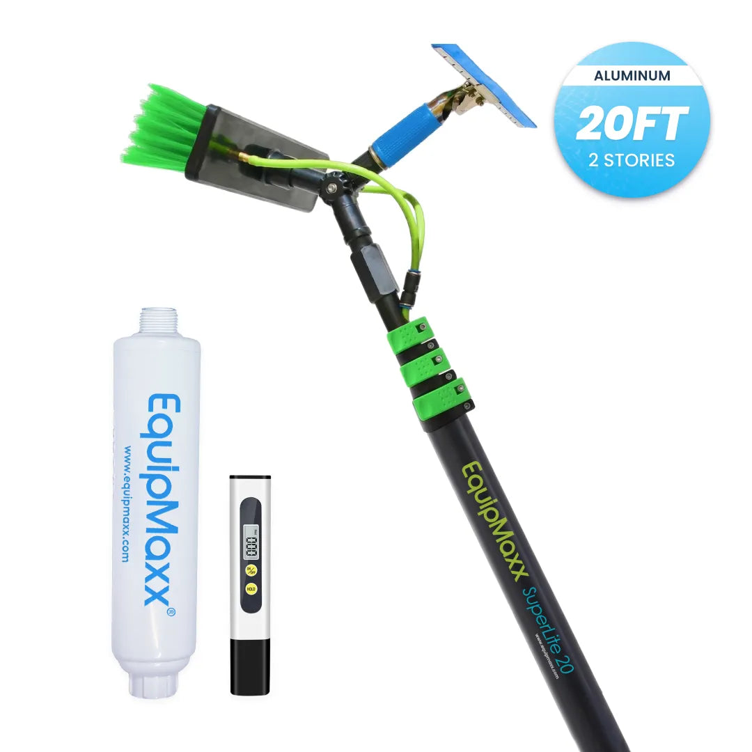 20-foot EquipMaxx aluminum water fed pole squeegee with inline water filter and tds meter, green brush, and clamps.