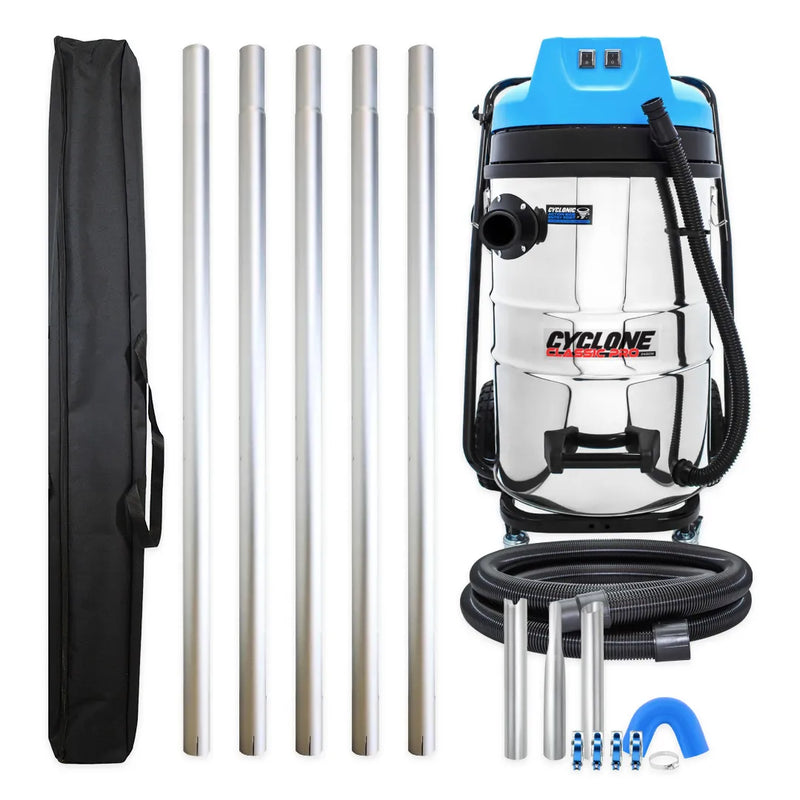 Cyclone Classic Pro 2400W 20 gallon residential gutter vacuum kit with five aluminum poles, carry bag, hose, nozzles, U-bend and clamps