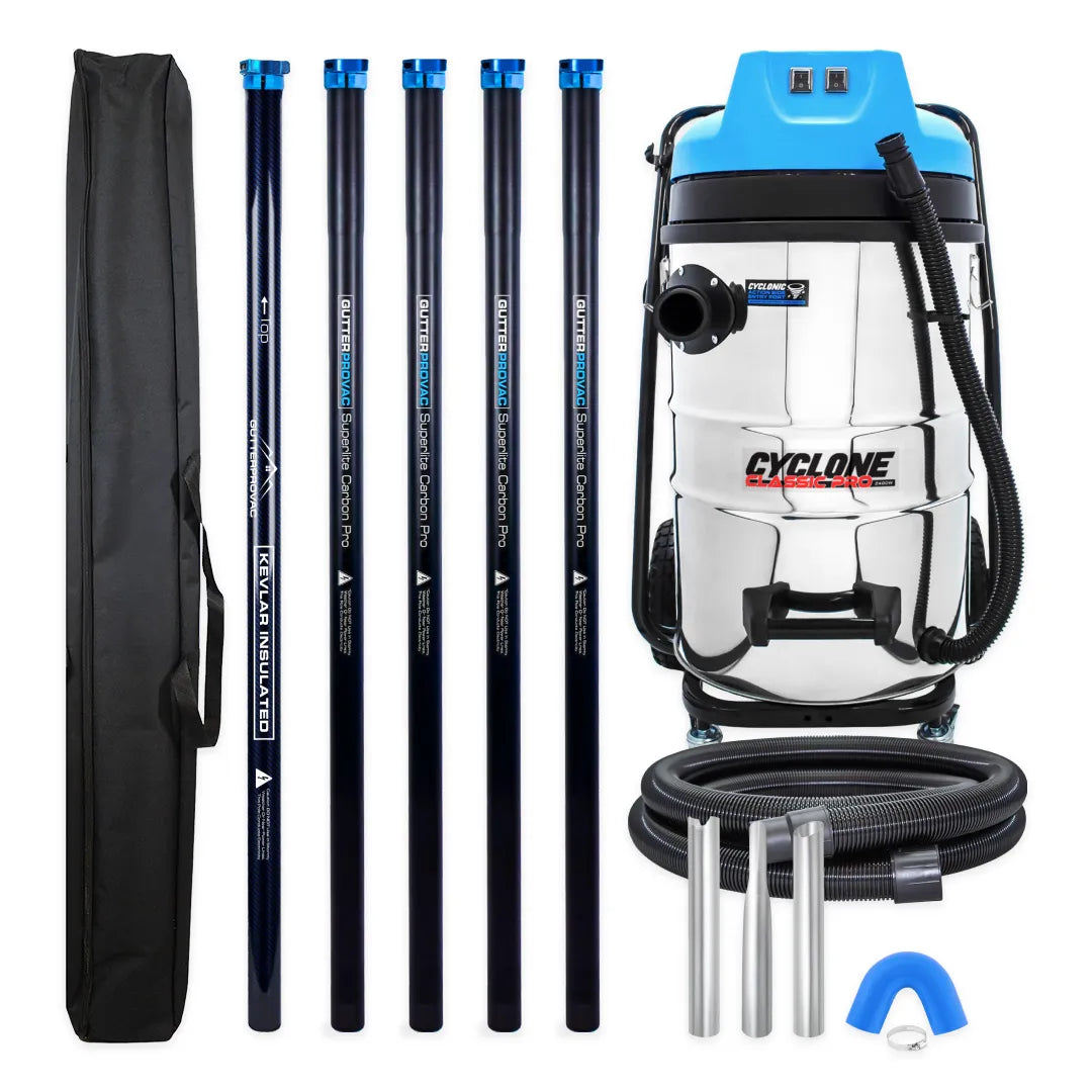 Cyclone Classic Pro 2400W 20 gallon residential gutter vacuum kit with five carbon poles, one Kevlar® insulated bottom pole, bag, hose, nozzles and U-bend
