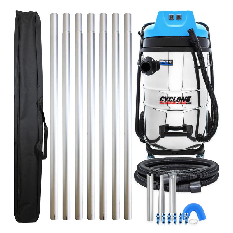 Cyclone Classic Pro 2400W 20 gallon residential gutter vacuum kit with seven aluminum poles, carry bag, hose, nozzles, U-bend and clamps