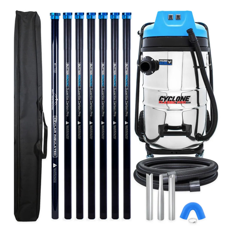 Cyclone Classic Pro 2000W 20 gallon residential gutter vacuum kit with seven carbon poles, one Kevlar® insulated bottom pole, bag, hose, nozzles and U-bend