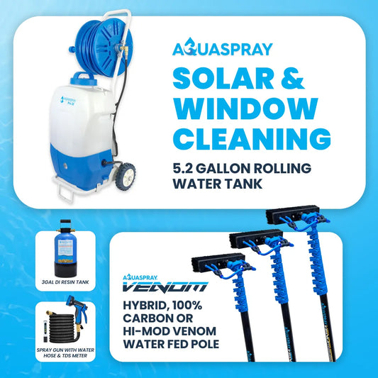 AquaSpray Pro20 5.2 Gallon Rolling Water Tank, 3 Gallon Resin Tank and Venom Water Fed Pole for Window and Solar Panel Cleaning