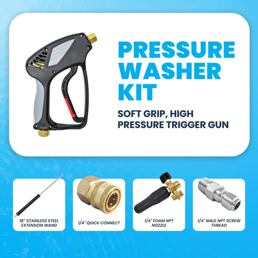 Pressure Washer Kit: soft grip trigger gun, 18in stainless wand, 1/4in quick connect, foam NPT nozzle, and male thread.