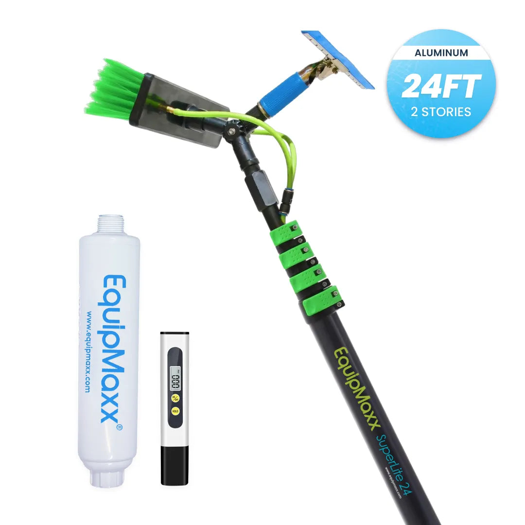24-foot EquipMaxx aluminum water fed pole squeegee with inline water filter and tds meter, green brush, and clamps.