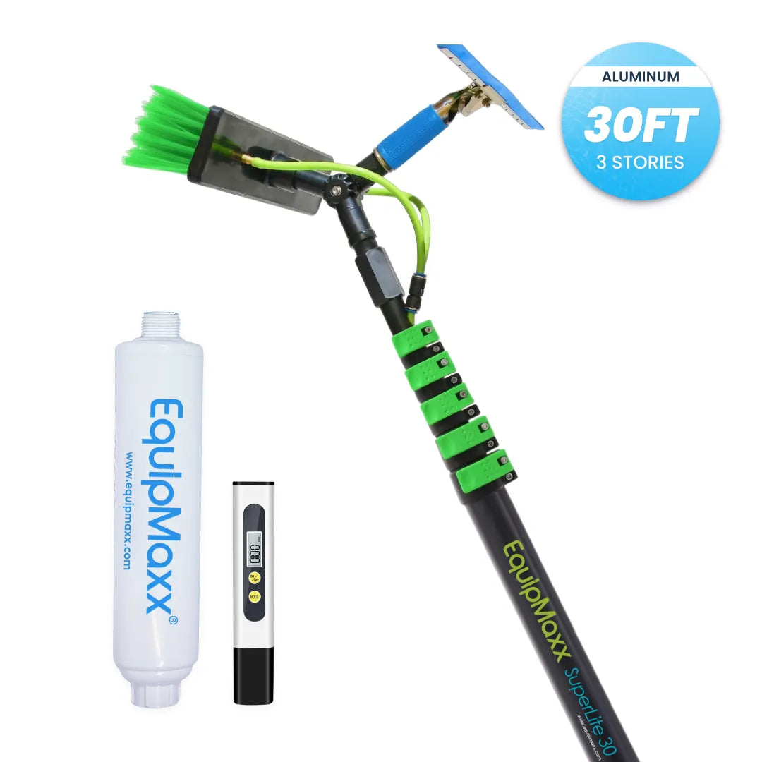 30-foot EquipMaxx aluminum water fed pole squeegee with inline water filter and tds meter, green brush, and clamps.