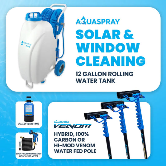 AquaSpray Pro45 12 Gallon Rolling Water Tank, 3 Gallon Resin Tank and Venom Water Fed Pole for Window and Solar Panel Cleaning