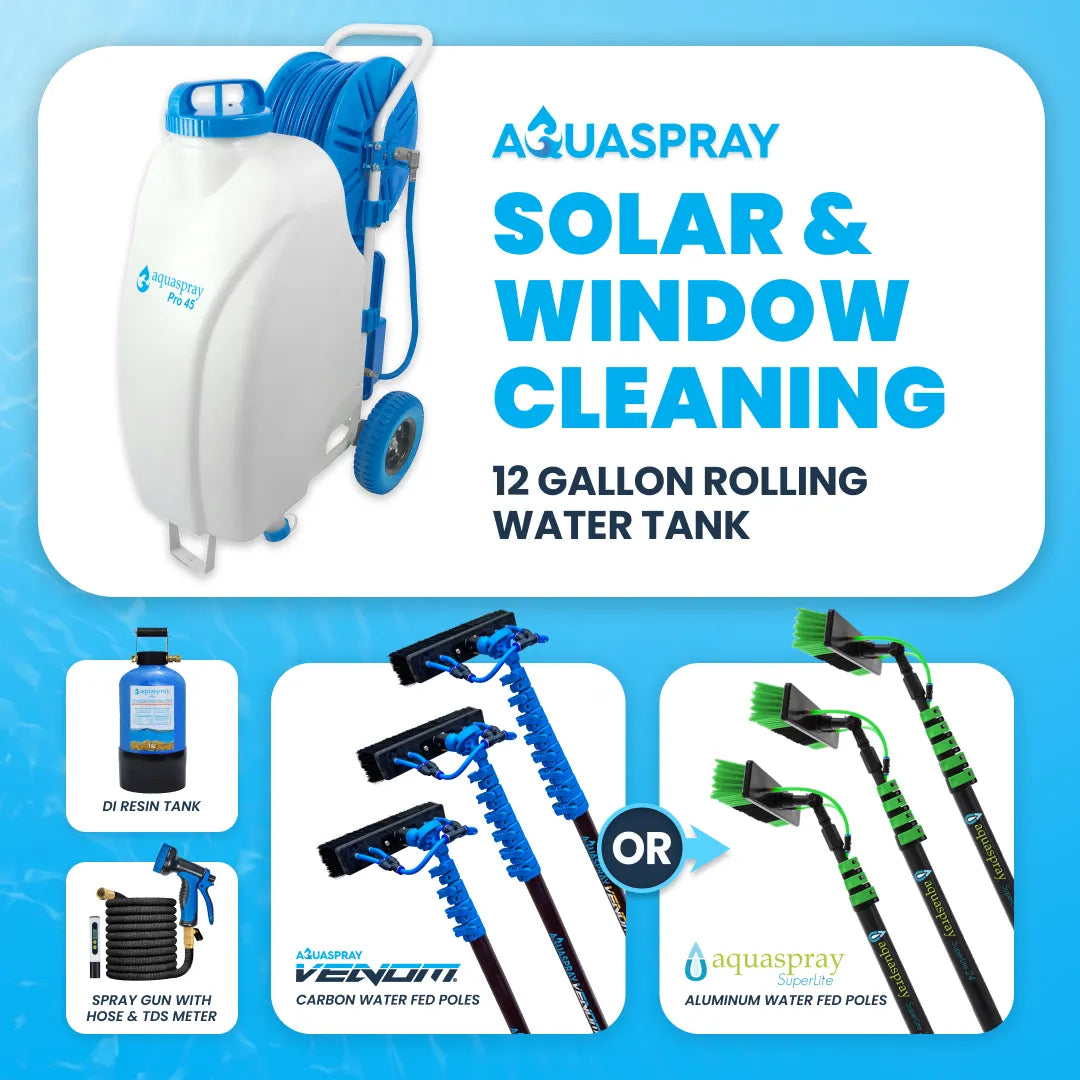 AquaSpray Pro 45 – 12 Gallon Water Pumping Tank, Battery-powered with 4 Gallon Resin Tank and Venom Water Fed Pole for Window and Solar Panel Cleaning