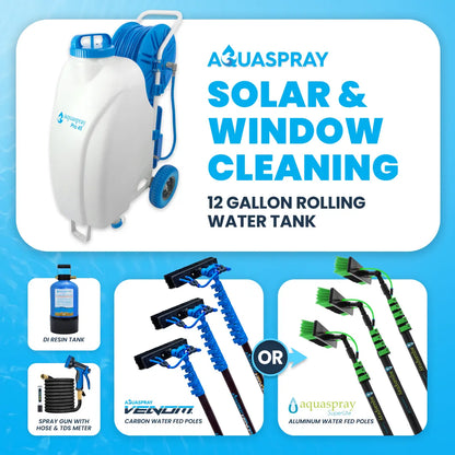 AquaSpray Pro 45 – 12 Gallon Water Pumping Tank, Battery-powered with 4 Gallon Resin Tank and Venom Water Fed Pole for Window and Solar Panel Cleaning