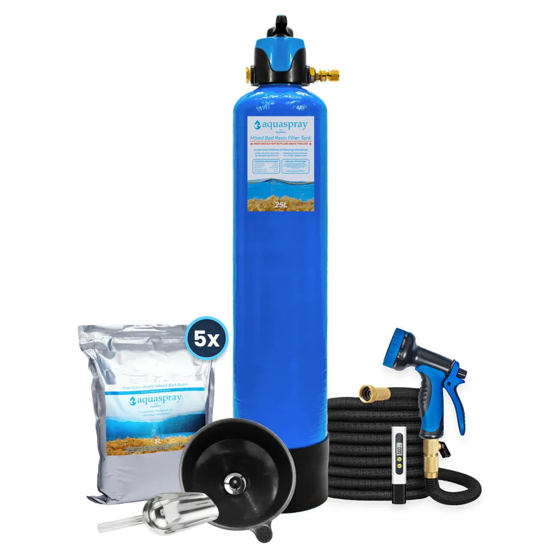 Aquaspray system with 25l resin tank, 5x resin bags, resin funnel, scoop and sprayer with tds meter.