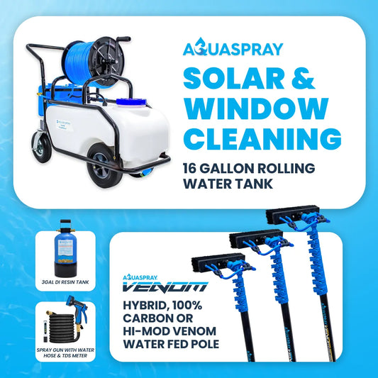 AquaSpray Pro60 16 Gallon Rolling Water Tank, 3 Gallon Resin Tank and Venom Water Fed Pole for Window and Solar Panel Cleaning