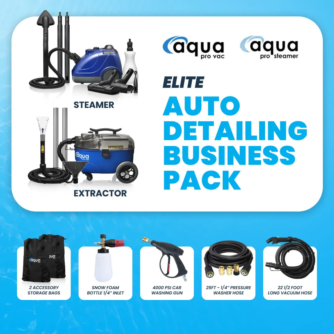 Aqua Pro Vac and Steamer Elite Auto Detailing Business Pack with Blue Steamer, Extractor, Snow Foam Bottle, and Pressure Washer Gun.