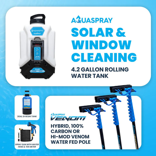AquaSpray Pro16 4.2 Gallon Backpack Water Tank, 3 Gallon Resin Tank and Venom Water Fed Pole for Window and Solar Panel Cleaning