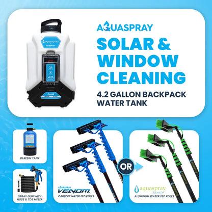 AquaSpray Pro 16 – 4.2 Gallon Battery-powered Water Pumping Backpack Tank with Resin Tank and Water Fed Pole for Window and Solar Panel Cleaning