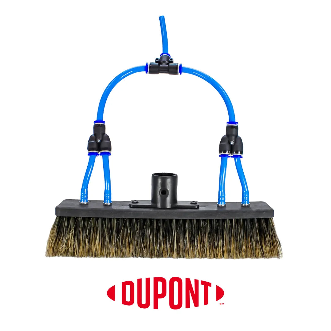 Front view of a 10-inch Aquaspray Venom Water Fed Poles Boars hair brush with blue water lines and four jet connections.