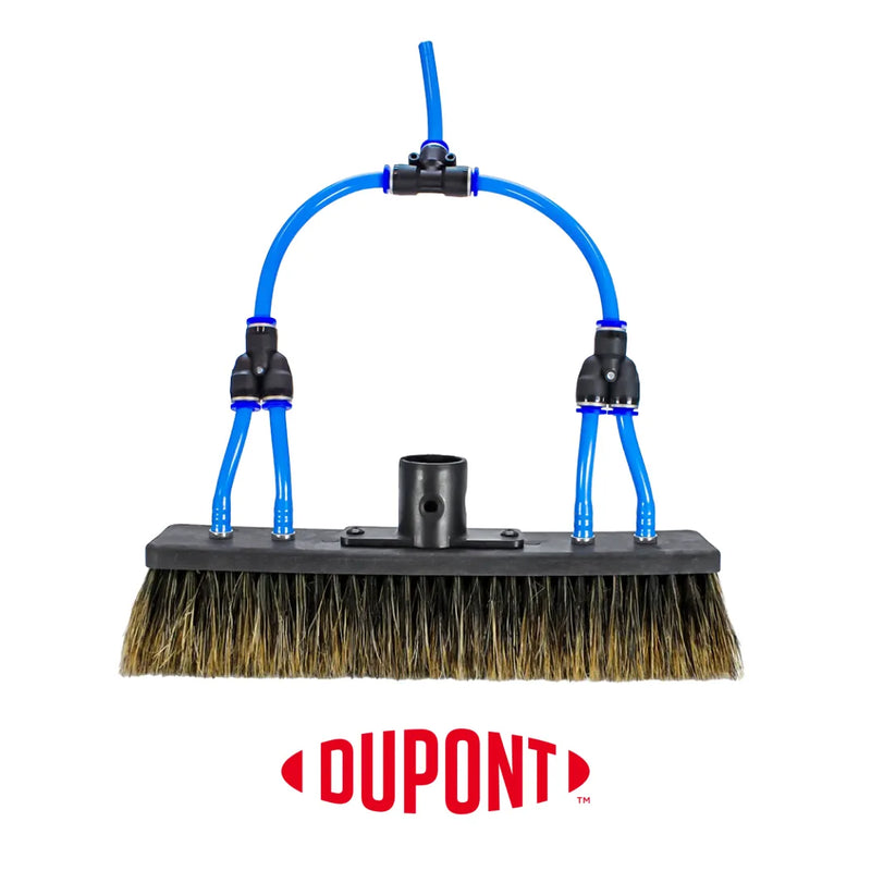 Front view of a 10-inch Aquaspray Venom Water Fed Poles Boars hair brush with blue water lines and four jet connections.