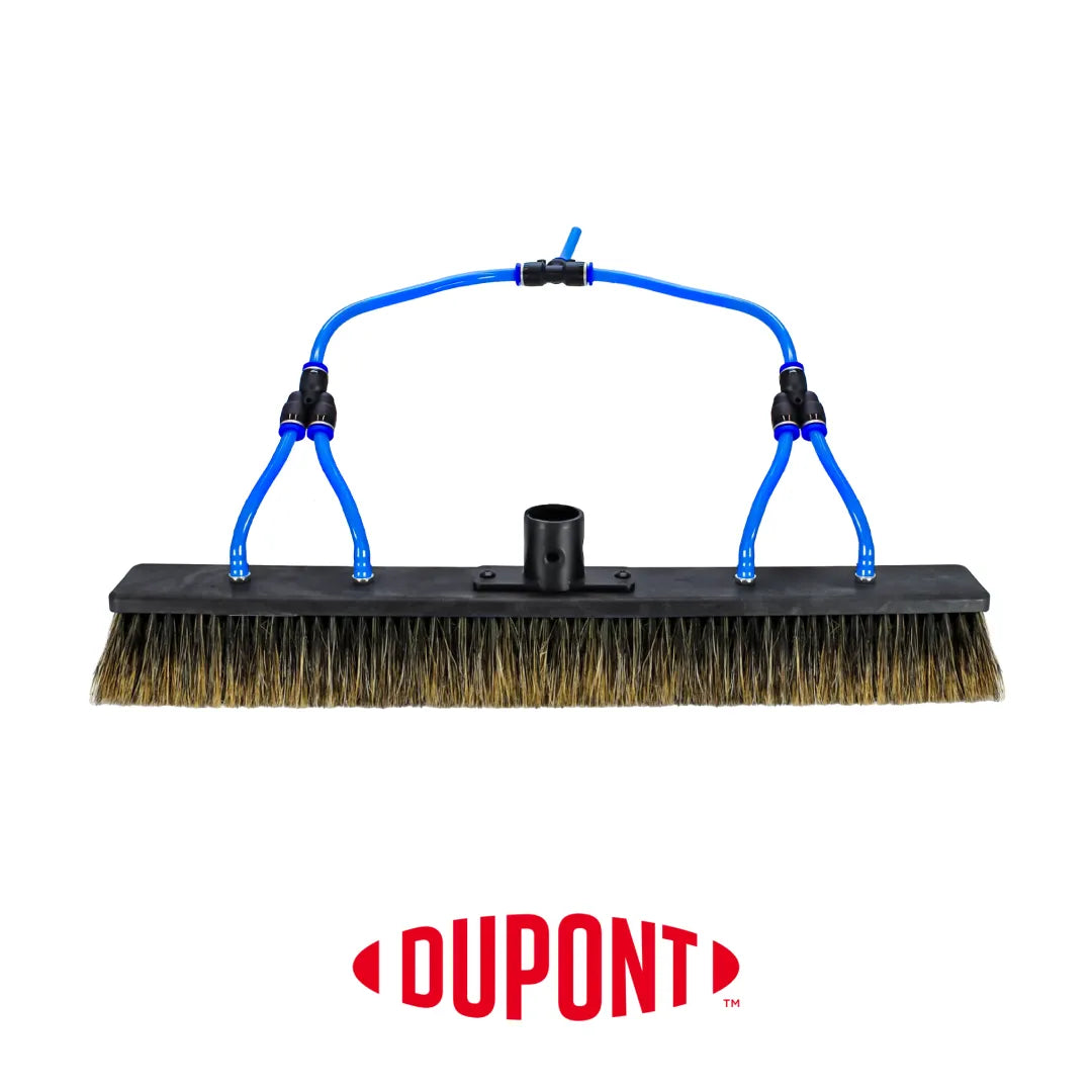 Front view of a 12-inch Aquaspray Venom Water Fed Poles Boars hair brush showing the bristle head and blue tubing.