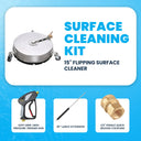 Surface cleaning kit with 15" flipping surface cleaner, soft grip high pressure trigger gun, 36" lance extension, and 1/4" female quick release coupling.