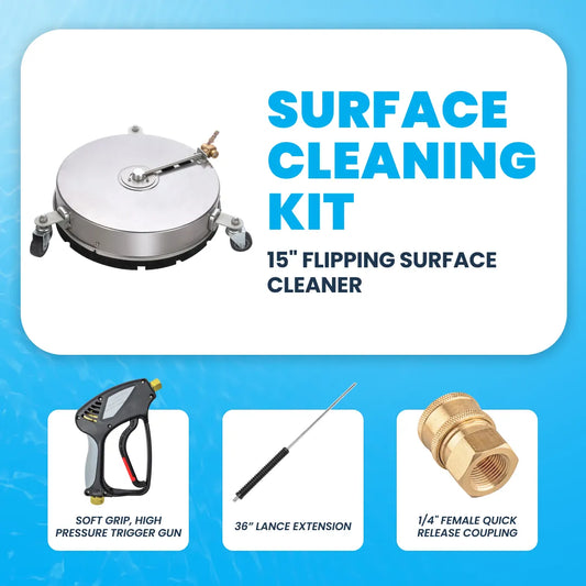 Surface cleaning kit with 15" flipping surface cleaner, soft grip high pressure trigger gun, 36" lance extension, and 1/4" female quick release coupling.