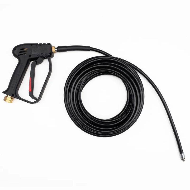 50 ft Jetter Hose and Trigger Gun - Retrojet Nozzle, 3/8" F NPT, black trigger gun attached to coiled hose with a silver nozzle end