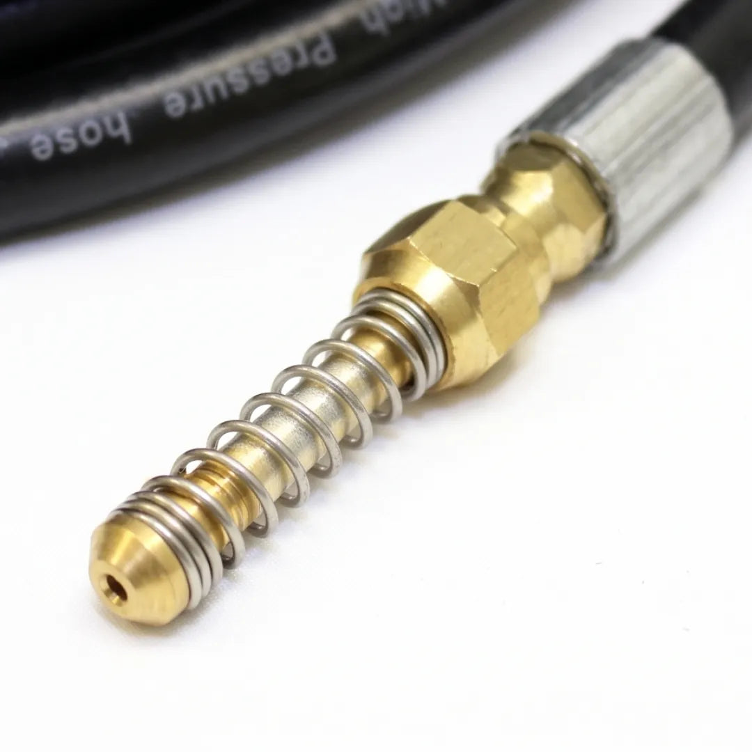 Wiggle Nozzle Drain Cleaning Hose & Trigger Gun Kit, 50 Foot - 3000 PSI, 3/8" Inlet, brass wiggle nozzle wrapped in a silver spring