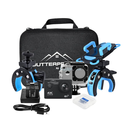GutterProVac 4K gutter inspection camera kit with hard case, monitor holder, two pole clamps, charger, USB cable and microSD card