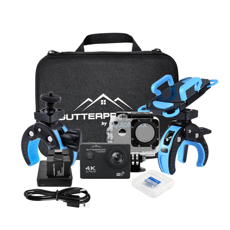 GutterProVac 4K gutter inspection camera kit with hard case, monitor holder, two pole clamps, charger, USB cable and microSD card