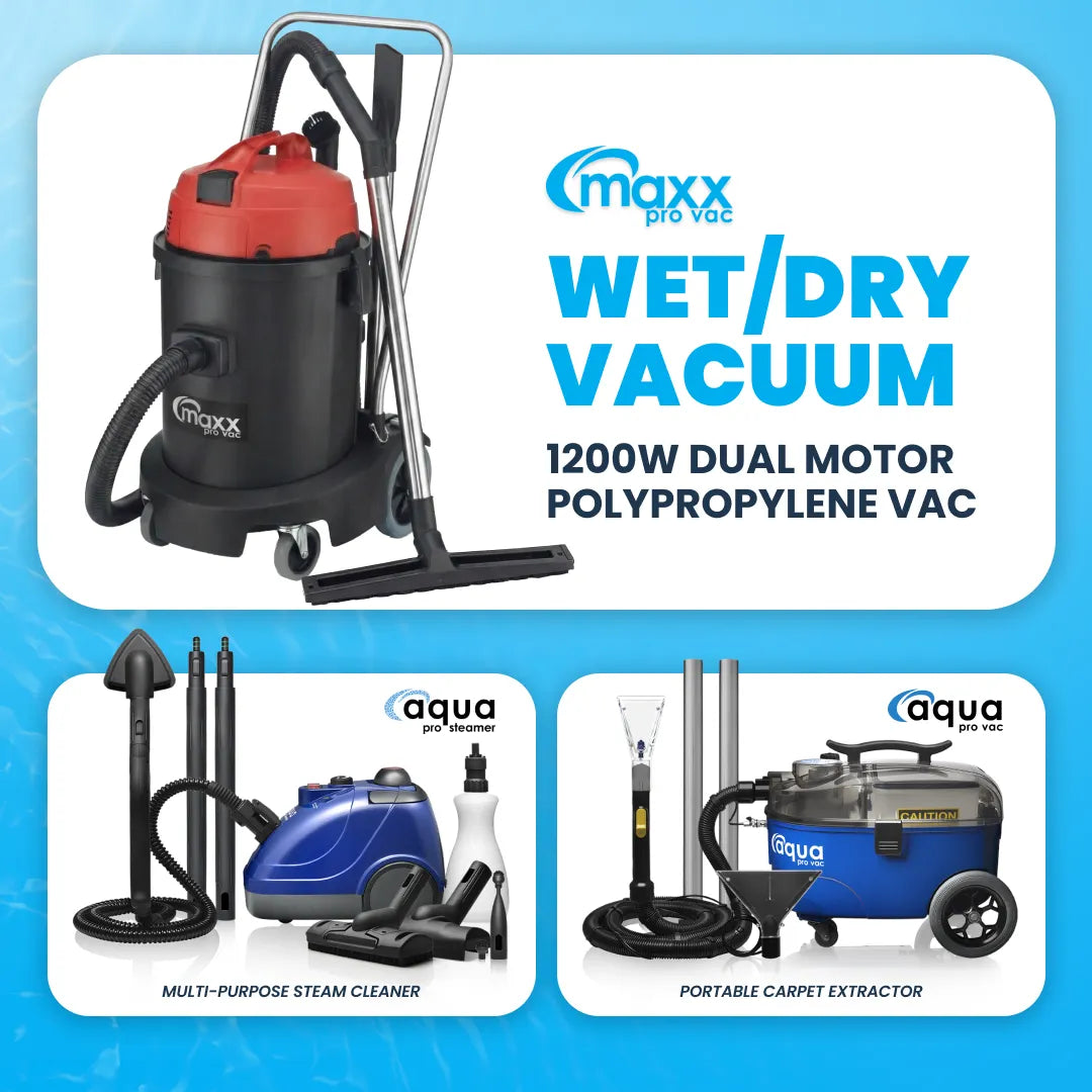 Gallery image 1 for Maxx Pro Vac 1200W Dual Motor 12 Gal Polypropylene Wet/Dry Vacuum, Aqua Pro Vac Extractor &amp; Aqua Pro Steamer– Professional Grade Detailing Kit