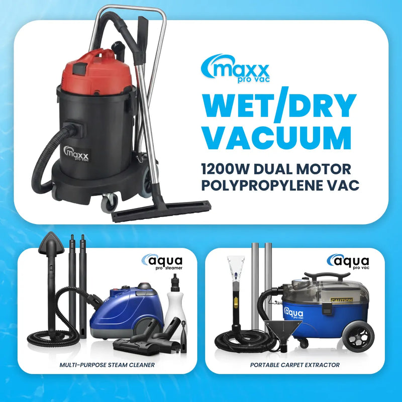 Maxx Pro Vac 1200W Dual Motor 12 Gal Polypropylene Wet/Dry Vacuum, Aqua Pro Vac Extractor & Aqua Pro Steamer– Professional Grade Detailing Kit