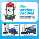 Maxx Pro Vac 2400w stainless steel commercial wet dry vacuum bundle with Aqua Pro Steamer and Aqua Pro Vac Extractor.