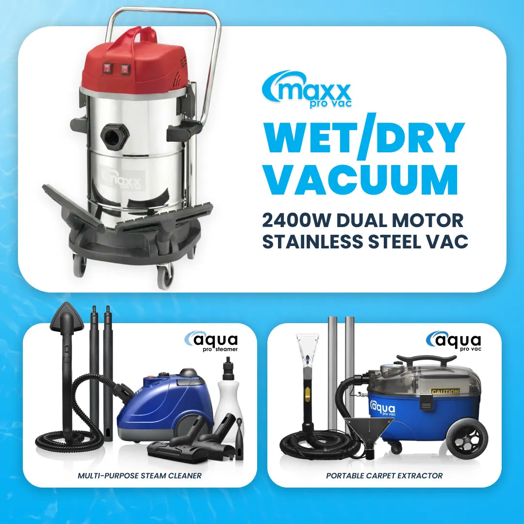 Maxx Pro Vac 2400w stainless steel commercial wet dry vacuum bundle with Aqua Pro Steamer and Aqua Pro Vac Extractor.