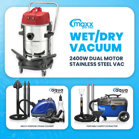 Maxx Pro Vac 2400w stainless steel commercial wet dry vacuum bundle with Aqua Pro Steamer and Aqua Pro Vac Extractor.