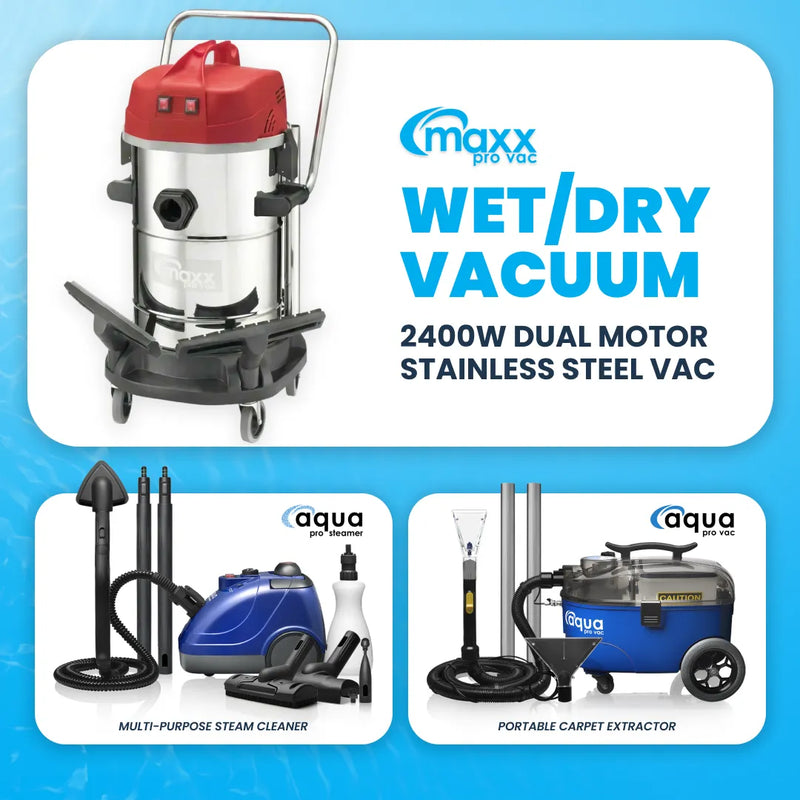Maxx Pro Vac 2400w stainless steel commercial wet dry vacuum bundle with Aqua Pro Steamer and Aqua Pro Vac Extractor.