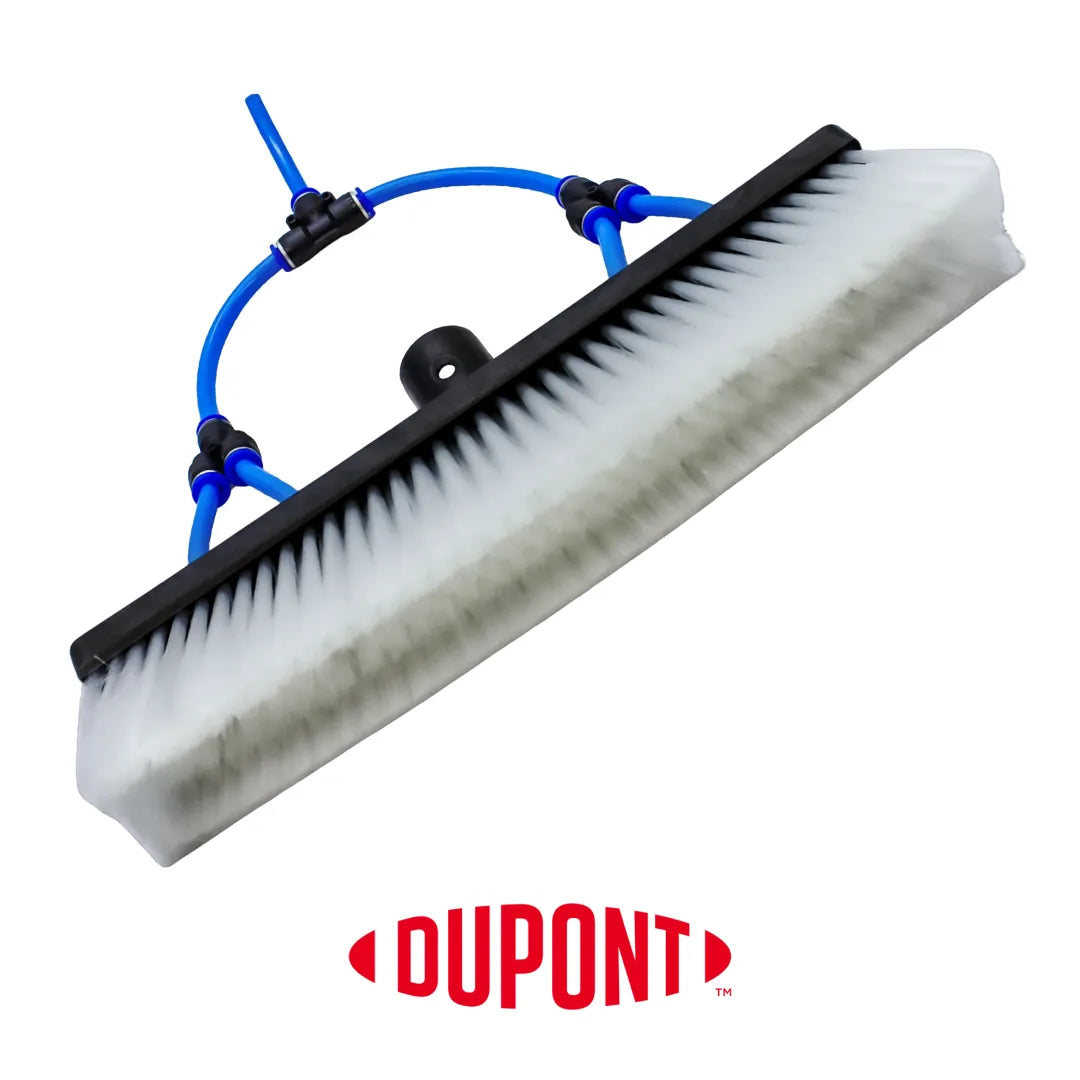 Angled view of a 12-inch Aquaspray Venom Water Fed Poles Brush with DuPont nylon bristles and blue water tubing.