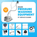 Deluxe pressure washing equipment set with various attachments on a blue background