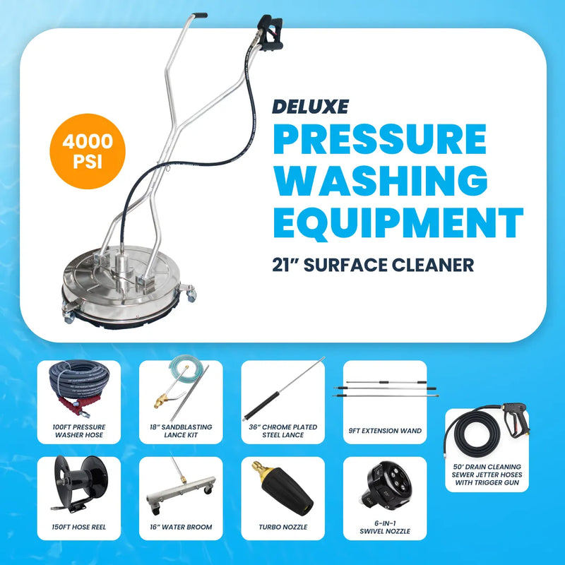 Deluxe pressure washing equipment set with various attachments on a blue background
