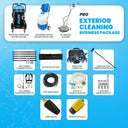 Pro exterior cleaning business package graphic showing gutter vacuum, water tank, surface cleaner, pole kits, hoses, injector, and nozzles