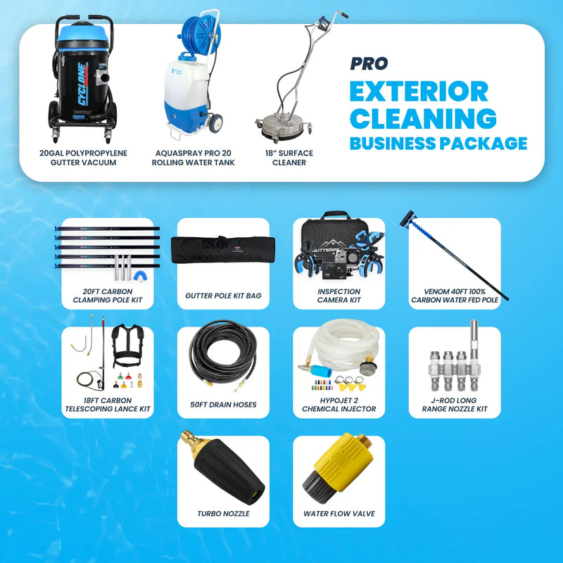 Pro exterior cleaning business package graphic showing gutter vacuum, water tank, surface cleaner, pole kits, hoses, injector, and nozzles