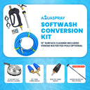 Aquaspray Softwash Conversion Kit bundle: blue hose, spray gun, 12-inch surface cleaner, and turbo nozzles.
