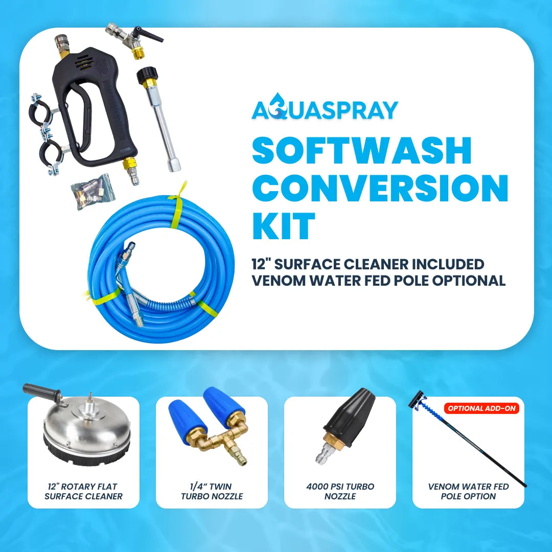 Aquaspray Softwash Conversion Kit bundle: blue hose, spray gun, 12-inch surface cleaner, and turbo nozzles.