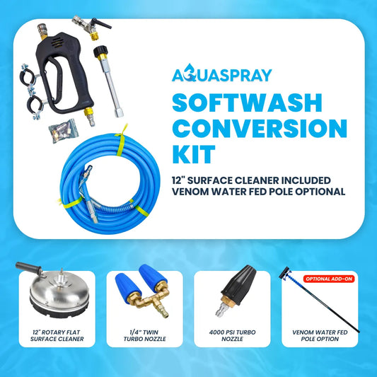 Aquaspray Softwash Conversion Kit bundle: blue hose, spray gun, 12-inch surface cleaner, and turbo nozzles.
