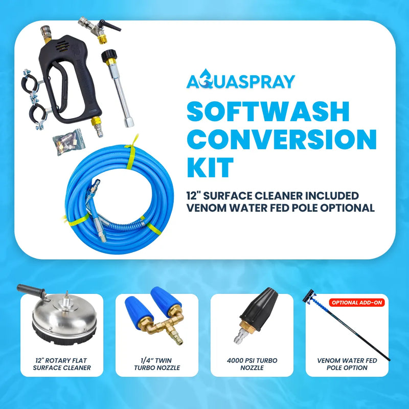 Aquaspray Softwash Conversion Kit bundle: blue hose, spray gun, 12-inch surface cleaner, and turbo nozzles.