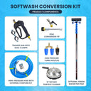 Softwash kit components: trigger gun, hose, pole conversion tip, turbo nozzles, 12-inch surface cleaner, and an optional water fed pole.