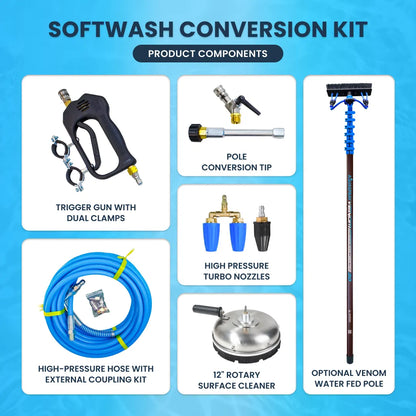 Softwash kit components: trigger gun, hose, pole conversion tip, turbo nozzles, 12-inch surface cleaner, and an optional water fed pole.